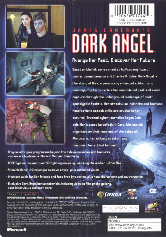 James Cameron's Dark Angel | Xbox | back cover | region=North America | source-country=United States | zypher-v2 | moby-85c1a89f024e | Data by MobyGames.com