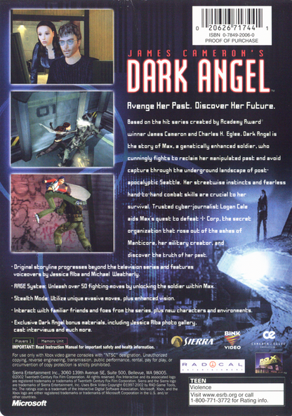 James Cameron's Dark Angel | Xbox | back cover | region=North America | source-country=United States | zypher-v2 | moby-85c1a89f024e | Data by MobyGames.com