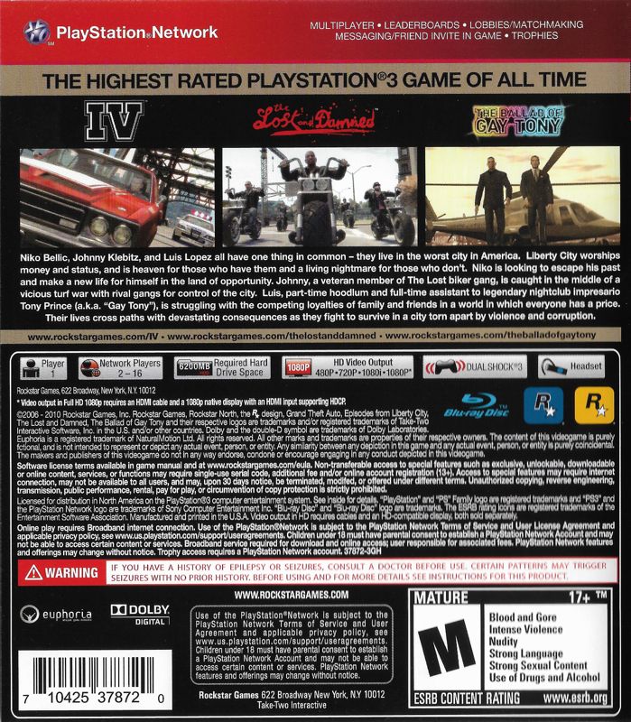
Grand Theft Auto IV & Episodes from Liberty City | PlayStation 3 | back cover | Data by MobyGames.com
