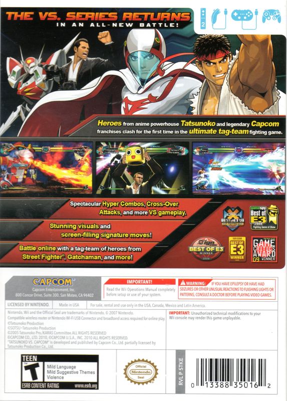 Tatsunoko vs. Capcom: Ultimate All-Stars | Wii | back cover | region=North America | source-country=Canada,Mexico,United States | zypher-v2 | moby-6712da24d0fd | Data by MobyGames.com