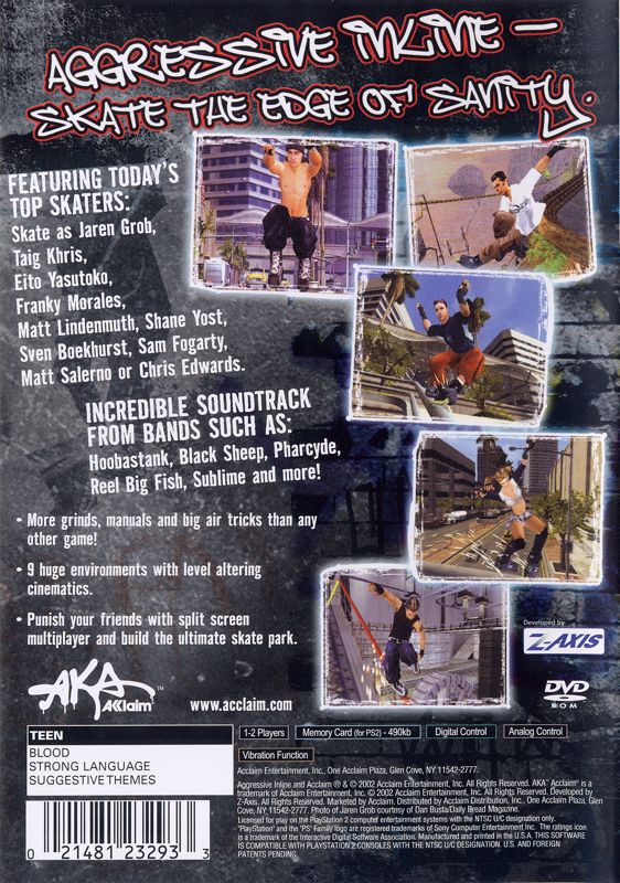 
Aggressive Inline | PlayStation 2 | back cover | Region: North America | source-country=United States | Data by MobyGames.com