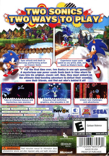 Sonic Generations | Xbox 360 | back cover | region=North America | source-country=United States | zypher-v2 | moby-ce470c36d979 | Data by MobyGames.com