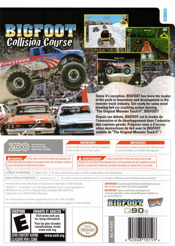 Bigfoot: Collision Course | Wii | back cover | region=North America | source-country=Canada,United States | zypher-v2 | moby-25045c37375f | Data by MobyGames.com