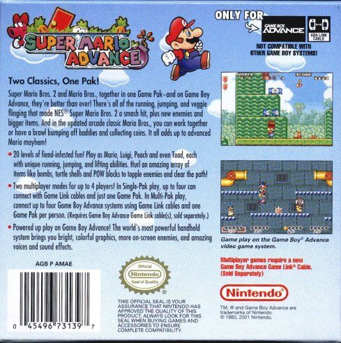 Super Mario Advance | Game Boy Advance | back cover | region=North America | source-country=United States | zypher-v2 | moby-fbf5f7704cba | Data by MobyGames.com