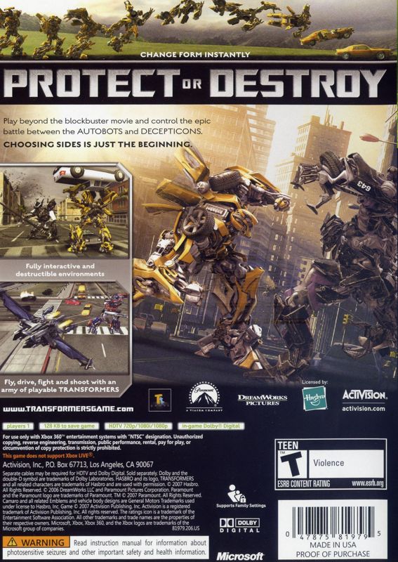 
Transformers: The Game | Xbox 360 | back cover | Data by MobyGames.com