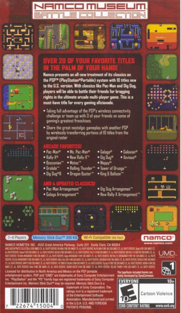 Namco Museum Battle Collection | PSP | back cover | region=North America | source-country=United States | zypher-v2 | moby-934ff4a13451 | Data by MobyGames.com