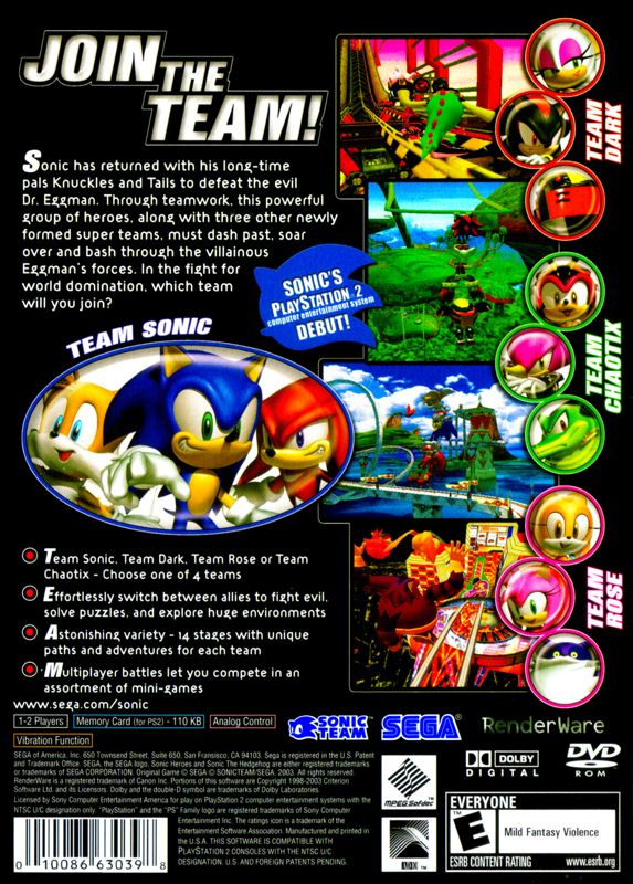 Sonic Heroes | PlayStation 2 | back cover | region=North America | source-country=United States | zypher-v2 | moby-98ffe7dd3f0d | Data by MobyGames.com