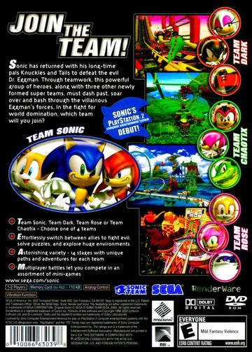 Sonic Heroes | PlayStation 2 | back cover | region=North America | source-country=United States | zypher-v2 | moby-98ffe7dd3f0d | Data by MobyGames.com