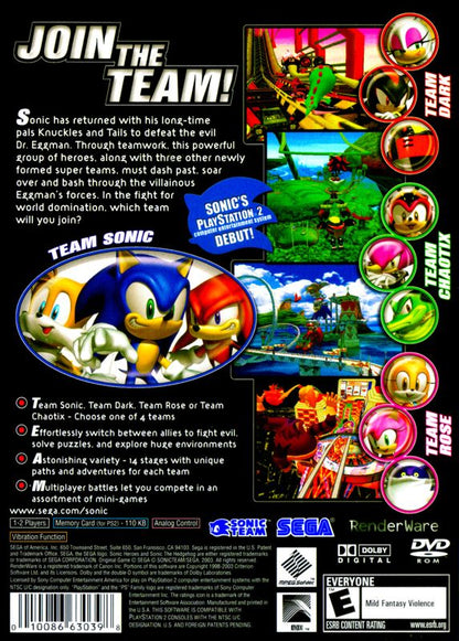 Sonic Heroes | PlayStation 2 | back cover | region=North America | source-country=United States | zypher-v2 | moby-98ffe7dd3f0d | Data by MobyGames.com