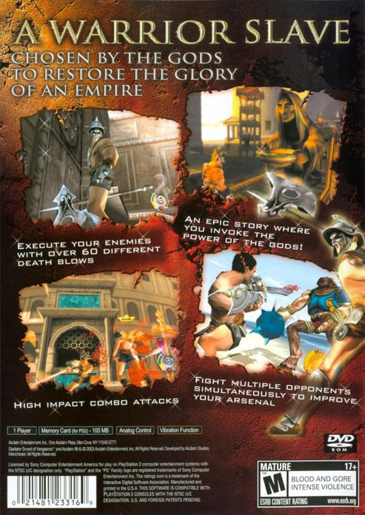 
Gladiator: Sword of Vengeance | PlayStation 2 | back cover | Region: North America | source-country=Canada,United States | Data by MobyGames.com