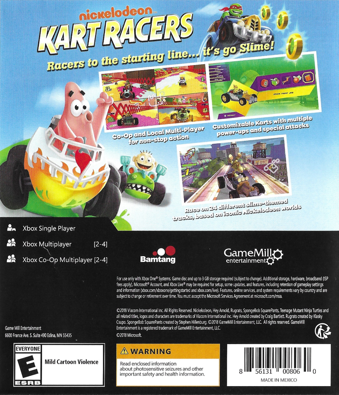 Nickelodeon Kart Racers | Xbox One | back cover | Region: North America | source-country=United States | Data by MobyGames.com