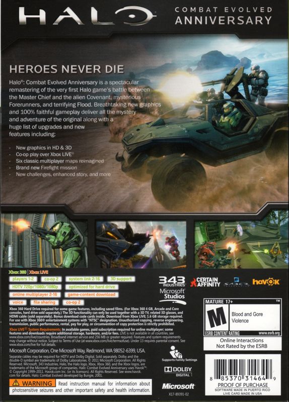 
Halo: Combat Evolved - Anniversary | Xbox 360 | back cover | Region: North America | source-country=United States | Data by MobyGames.com