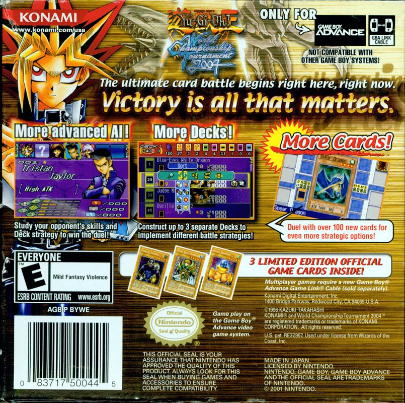
Yu-Gi-Oh!: World Championship Tournament 2004 | Game Boy Advance | back cover | Region: North America | source-country=Canada,Mexico,United States | Data by MobyGames.com