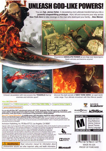 
Prototype 2 | Xbox 360 | back cover | Region: North America | source-country=United States | Data by MobyGames.com