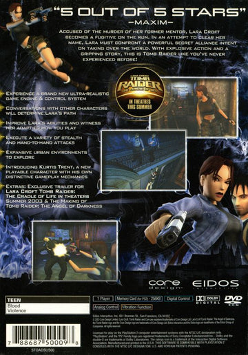 Lara Croft: Tomb Raider - The Angel of Darkness | PlayStation 2 | back cover | region=North America | source-country=Canada,United States | zypher-v2 | moby-56531d317ba2 | Data by MobyGames.com