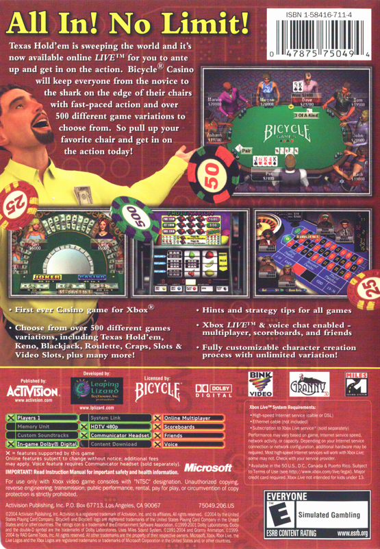 
Bicycle Casino | Xbox | back cover | Data by MobyGames.com
