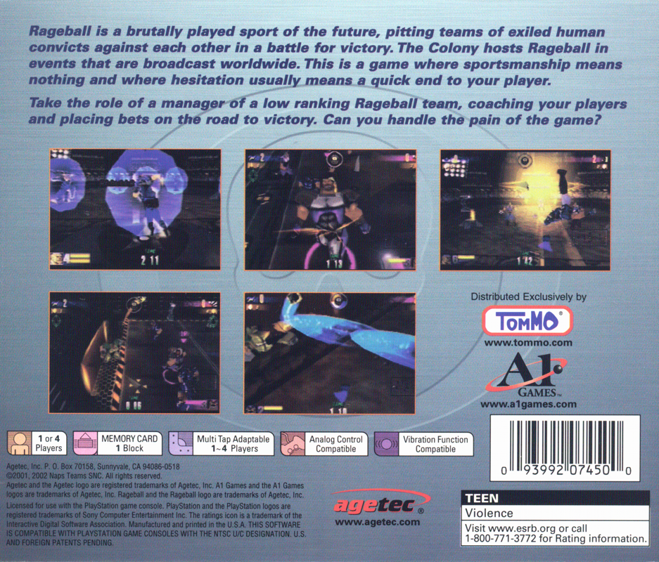 
Rageball | PlayStation | back cover | Data by MobyGames.com