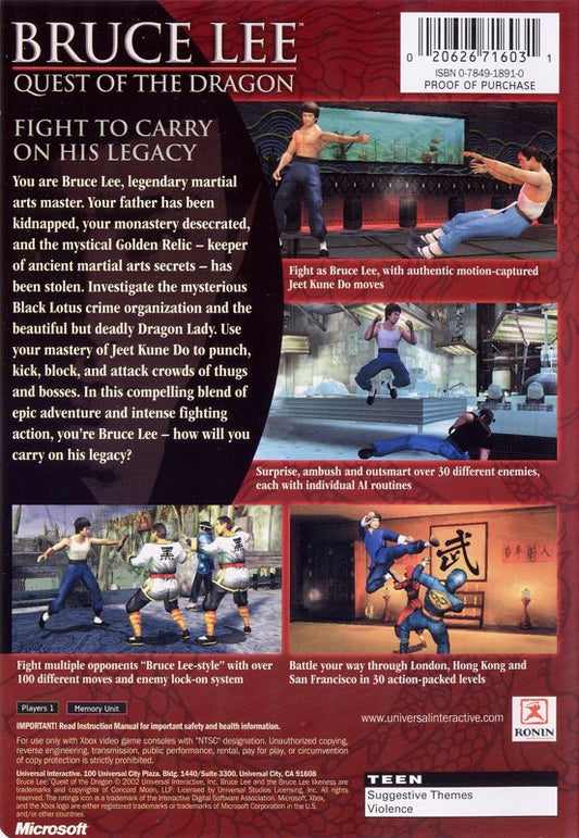 
Bruce Lee: Quest of the Dragon | Xbox | back cover | Region: North America | source-country=Canada,United States | Data by MobyGames.com