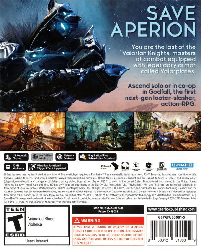 Godfall | PlayStation 5 | back cover | region=North America | source-country=United States | zypher-v2 | moby-cbff8d78f4f5 | Data by MobyGames.com