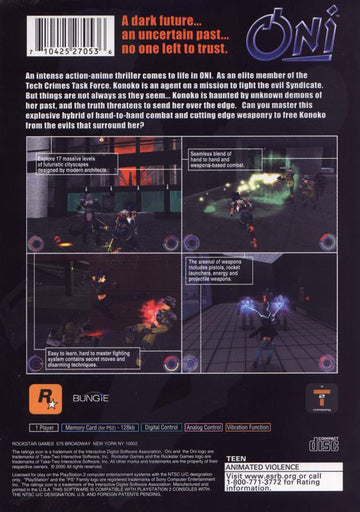 Oni | PlayStation 2 | back cover | region=North America | source-country=United States | zypher-v2 | moby-fb3f6fe39766 | Data by MobyGames.com