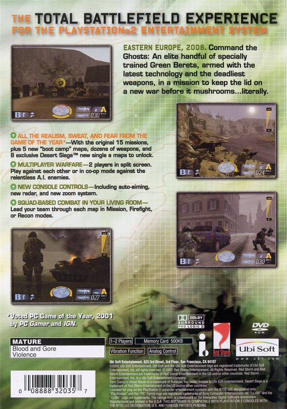 Tom Clancy's Ghost Recon | PlayStation 2 | back cover | region=North America | source-country=Canada,United States | zypher-v2 | moby-ee6f4b98cd8c | Data by MobyGames.com