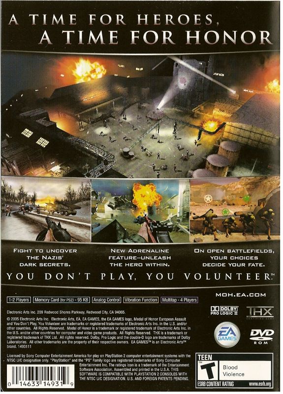 Medal of Honor: European Assault | PlayStation 2 | back cover | region=North America | source-country=United States | zypher-v2 | moby-23918e36182b | Data by MobyGames.com