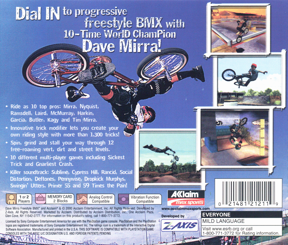 Dave Mirra Freestyle BMX | PlayStation | back cover | region=North America | source-country=United States | zypher-v2 | moby-09103179122d | Data by MobyGames.com