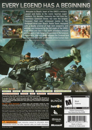 Halo: Reach | Xbox 360 | back cover | region=North America | source-country=United States | zypher-v2 | moby-f312976c8776 | Data by MobyGames.com