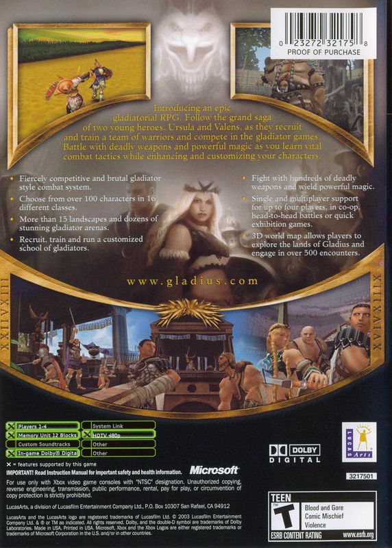 
Gladius | Xbox | back cover | Data by MobyGames.com