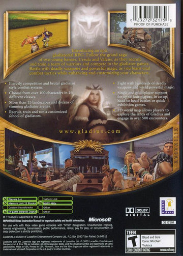 
Gladius | Xbox | back cover | Data by MobyGames.com