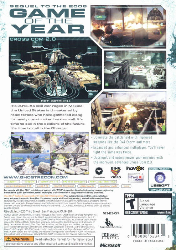 Tom Clancy's Ghost Recon: Advanced Warfighter 2 | Xbox 360 | back cover | region=North America | source-country=United States | zypher-v2 | moby-a7f835fe3632 | Data by MobyGames.com