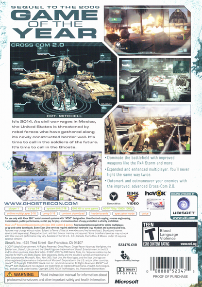 Tom Clancy's Ghost Recon: Advanced Warfighter 2 | Xbox 360 | back cover | region=North America | source-country=United States | zypher-v2 | moby-a7f835fe3632 | Data by MobyGames.com