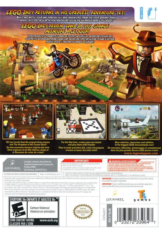 LEGO Indiana Jones 2: The Adventure Continues | Wii | back cover | region=North America | source-country=Canada | zypher-v2 | moby-56fb3eca29fe | Data by MobyGames.com