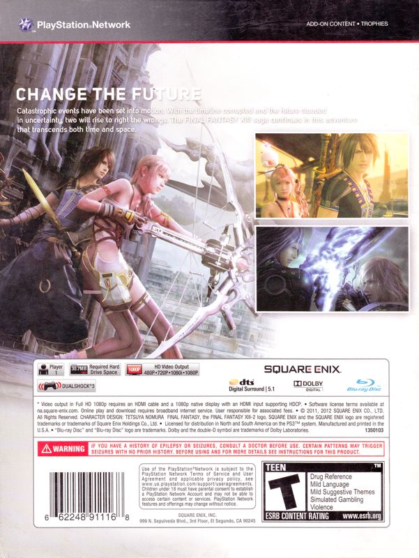 
Final Fantasy XIII-2 (Collector's Edition) | PlayStation 3 | back cover | Region: North America | source-country=Canada,United States | Data by MobyGames.com