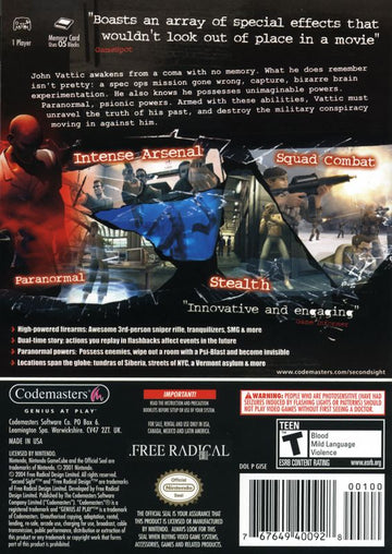 
Second Sight | GameCube | back cover | Data by MobyGames.com