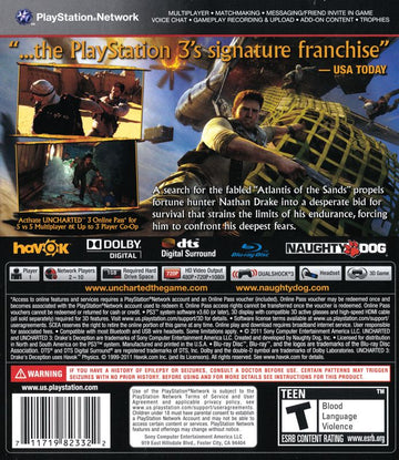 
Uncharted 3: Drake's Deception | PlayStation 3 | back cover | Region: North America | source-country=United States | Data by MobyGames.com