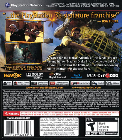 
Uncharted 3: Drake's Deception | PlayStation 3 | back cover | Region: North America | source-country=United States | Data by MobyGames.com