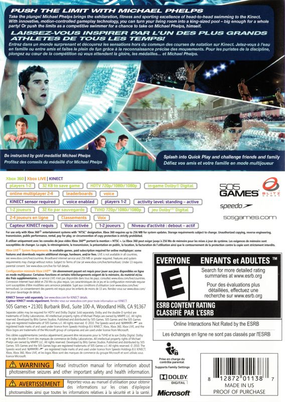 Michael Phelps: Push the Limit | Xbox 360 | back cover | region=North America | source-country=Canada,United States | zypher-v2 | moby-2859b58f9710 | Data by MobyGames.com