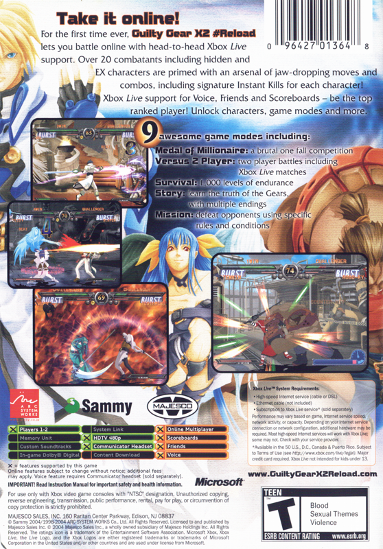 Guilty Gear X2: The Midnight Carnival #Reload | Xbox | back cover | Data by MobyGames.com
