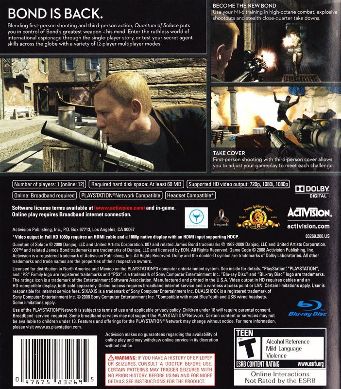 
007: Quantum of Solace | PlayStation 3 | back cover | Data by MobyGames.com
