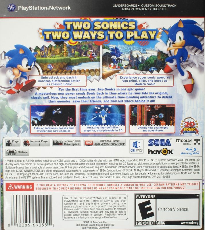 Sonic Generations | PlayStation 3 | back cover | region=North America | source-country=Canada,United States | zypher-v2 | moby-60c14bbf3e90 | Data by MobyGames.com