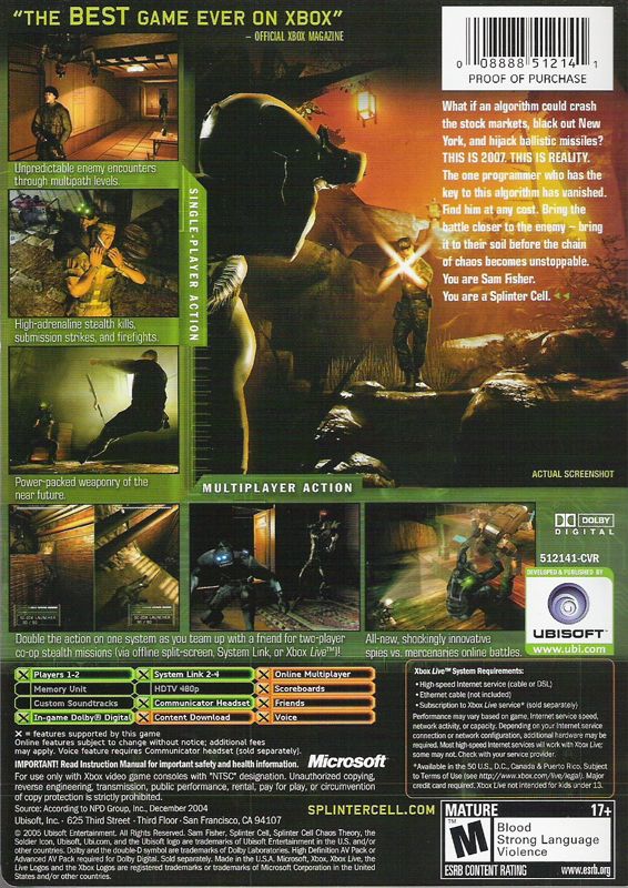 Tom Clancy's Splinter Cell: Chaos Theory | Xbox | back cover | region=North America | source-country=United States | zypher-v2 | moby-2360080a8337 | Data by MobyGames.com