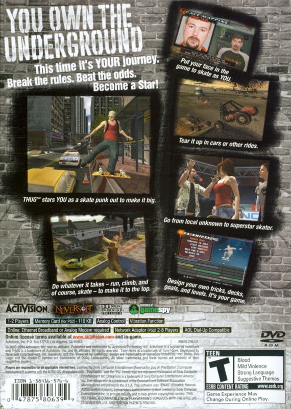 
Tony Hawk's Underground | PlayStation 2 | back cover | Data by MobyGames.com