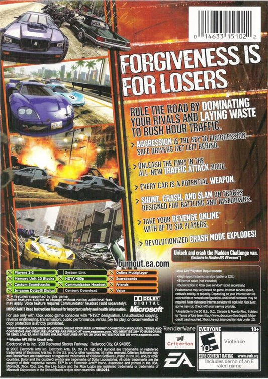 
Burnout: Revenge | Xbox | back cover | Region: North America | source-country=Canada,United States | Data by MobyGames.com