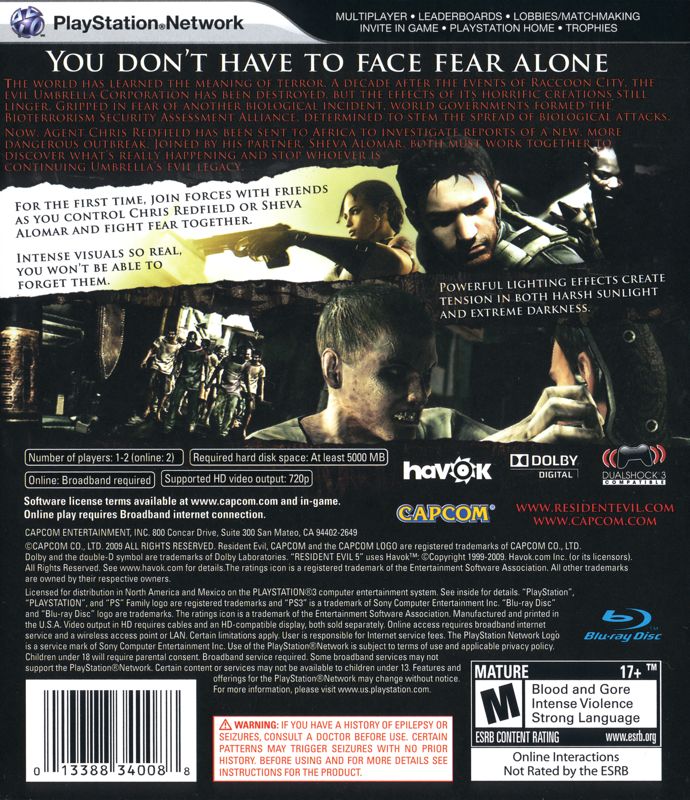 Resident Evil 5 | PlayStation 3 | back cover | region=North America | source-country=United States | zypher-v2 | moby-b7ec5f4890cd | Data by MobyGames.com
