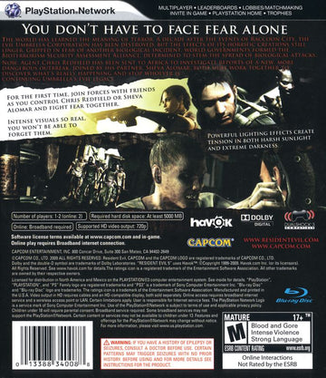 Resident Evil 5 | PlayStation 3 | back cover | region=North America | source-country=United States | zypher-v2 | moby-b7ec5f4890cd | Data by MobyGames.com
