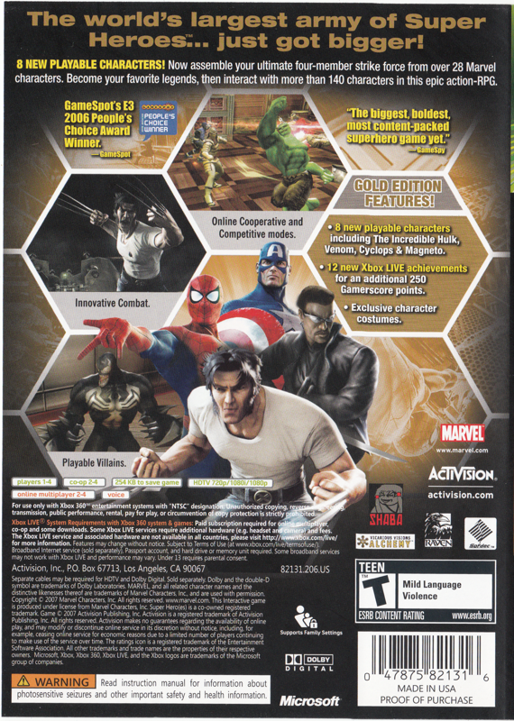 
Marvel Ultimate Alliance (Gold Edition) | Xbox 360 | back cover | Region: North America | source-country=Canada,United States | Data by MobyGames.com