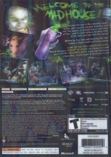 Batman: Arkham Asylum - Game of the Year Edition | Xbox 360 | back cover | region=North America | source-country=United States | zypher-v2 | moby-ba66e83b9b5e | Data by MobyGames.com