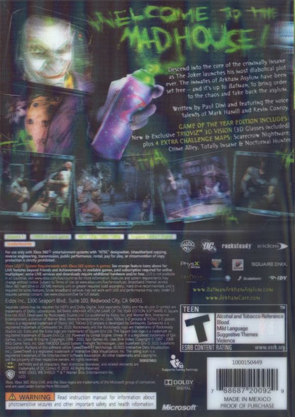 Batman: Arkham Asylum - Game of the Year Edition | Xbox 360 | back cover | region=North America | source-country=United States | zypher-v2 | moby-ba66e83b9b5e | Data by MobyGames.com
