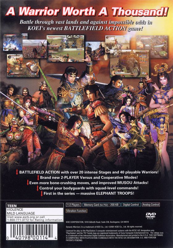 Dynasty Warriors 3 | PlayStation 2 | back cover | Data by MobyGames.com